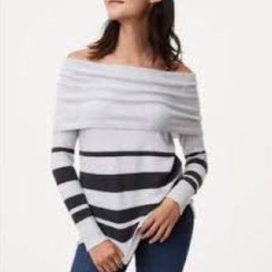 LOFT Small Gray Striped Off the Shoulder Sweater